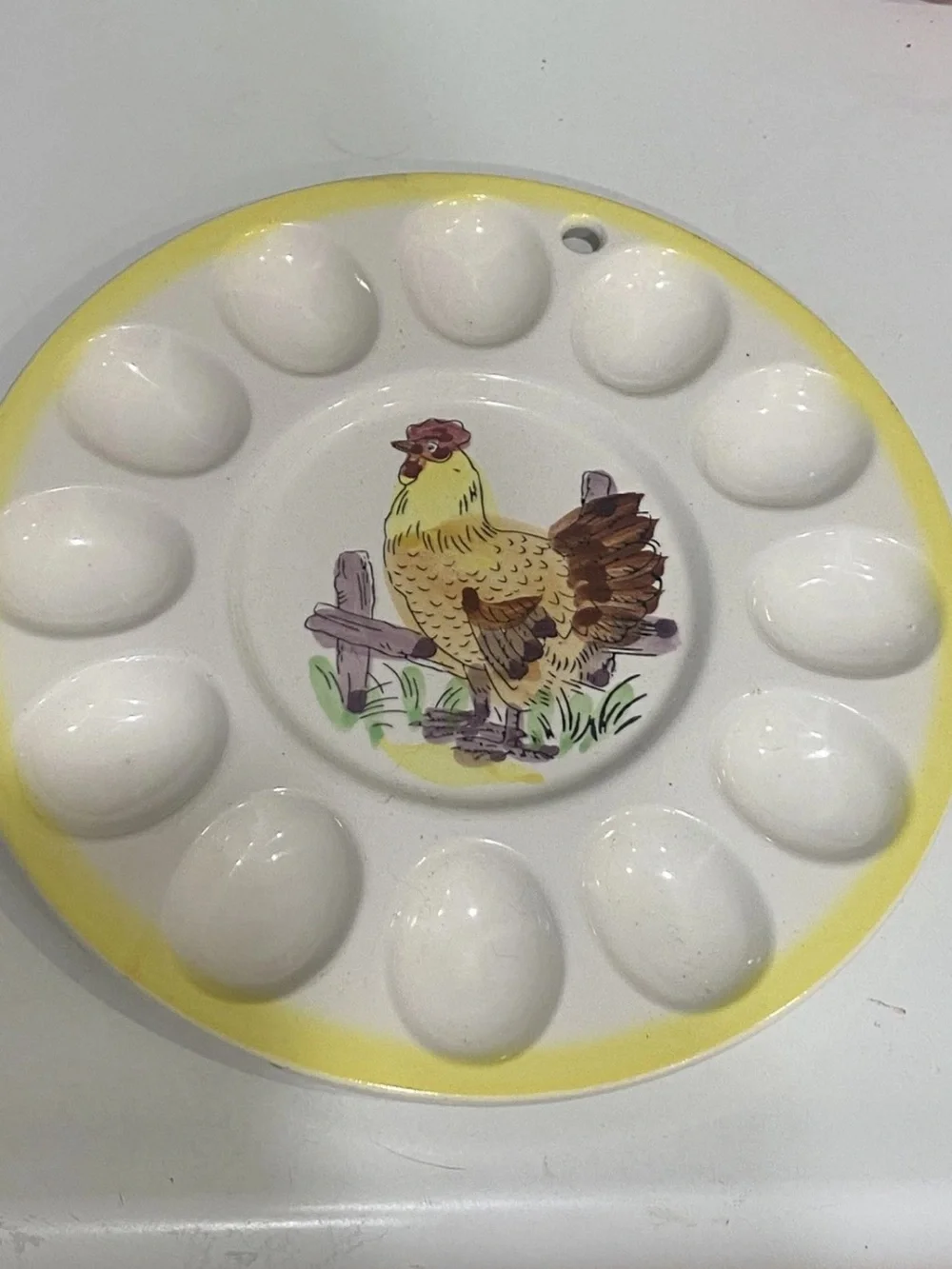 VTG Hand Painted Ceramic Rooster Deviled Egg Platter